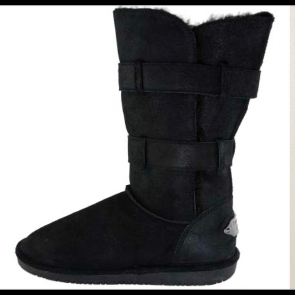 BearPaw Black Sheepskin Suede Leather Lace-Up Mid-Length Tall Shearling Boots - Picture 3 of 13